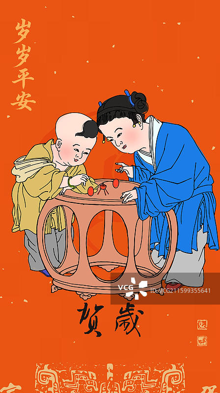 红色背景 春节 过年 新年 人物 年画 宋朝 儿童 游戏图片素材