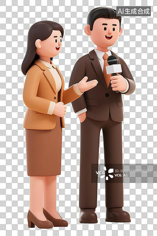 【AI数字艺术】年轻男士拿着话筒麦克风工作采访演说演讲记者节劳动节现代职业IP形象造型3D三维卡通创意插画透明无背景图片素材