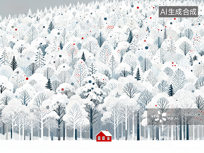 【AI数字艺术】白雪覆盖的森林和红色小屋 冬天节气海报插图墙壁纸 圣诞节 大雪 冬至 小寒 大寒图片素材