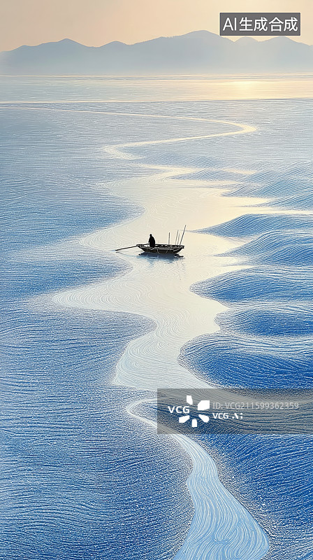 【AI数字艺术】孤舟泛波，沙丘连绵图片素材