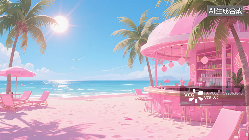 【AI数字艺术】粉色沙滩酒吧的夏日风情图片素材