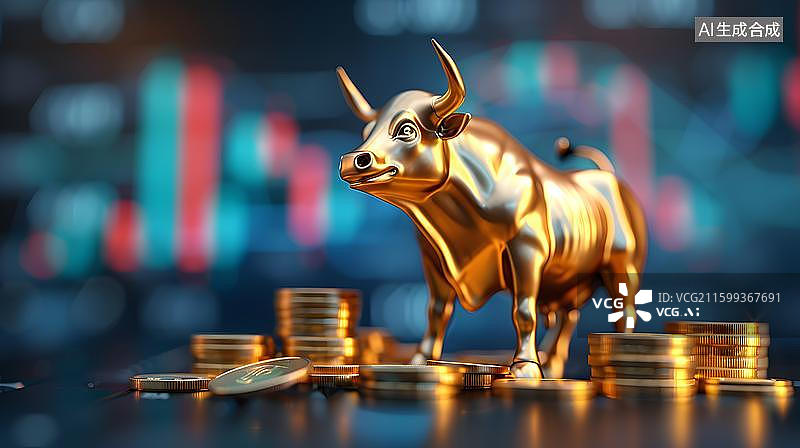 【AI数字艺术】金融科技牛市崛起 金色股票K线图背景下的金牛雕塑 大金牛象征经济行情好转数据资产上涨商务背景图片素材
