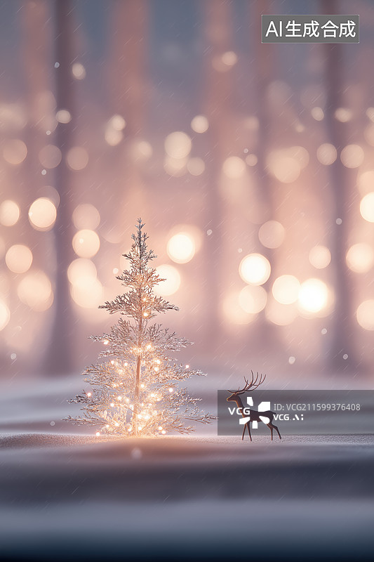 【AI数字艺术】雪地鹿与发光圣诞树图片素材