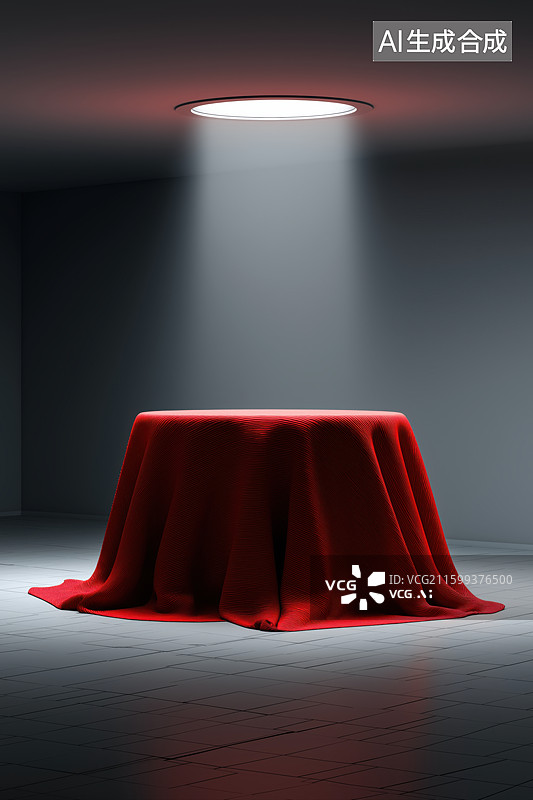【AI数字艺术】红布覆盖的展台在聚光灯下图片素材
