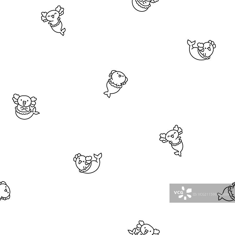 可爱的卡哇伊墨西哥蝾螈美人鱼无缝花纹图片素材