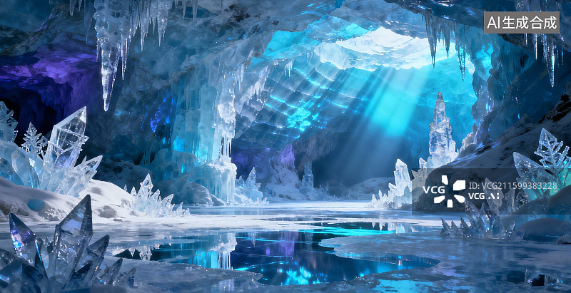 【AI数字艺术】冰晶洞穴光影奇景图片素材