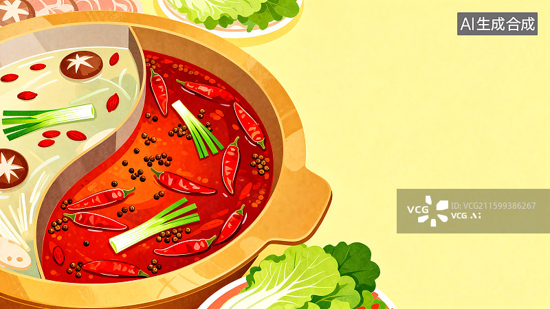 【AI数字艺术】四川鸳鸯火锅2D插画背景图片素材