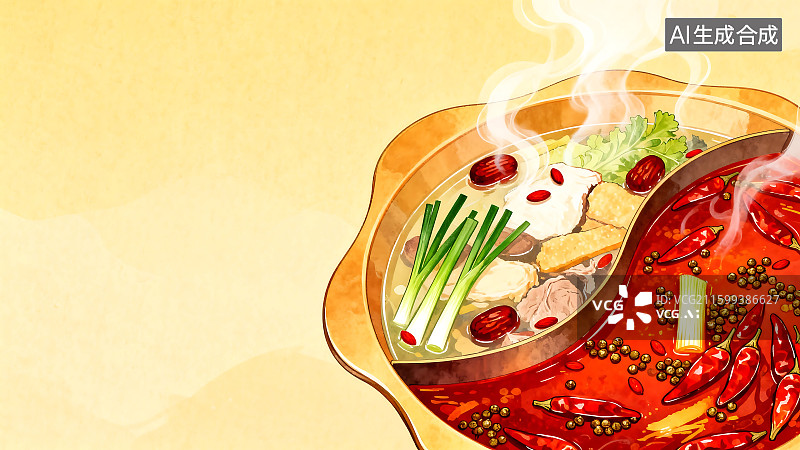 【AI数字艺术】四川鸳鸯火锅2D插画背景图片素材