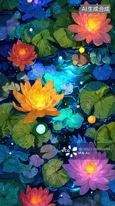 【AI数字艺术】彩绘荷花池夜景图片素材