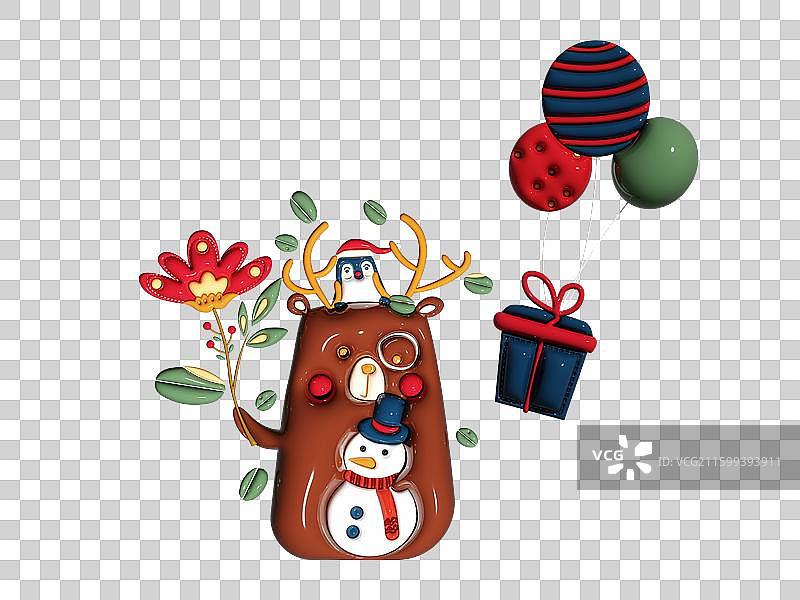 北欧风圣诞元素立体膨胀风可爱雪人小熊图片素材