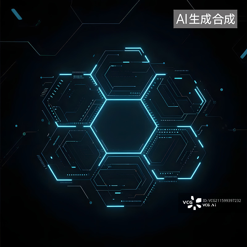 【AI数字艺术】科技感十足的六边形网格与数据线条图片素材