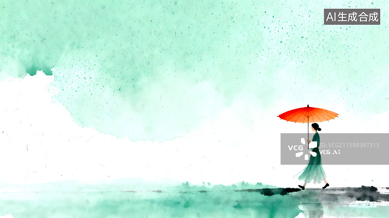 【AI数字艺术】长裙女孩撑着红橙色油纸伞图片素材