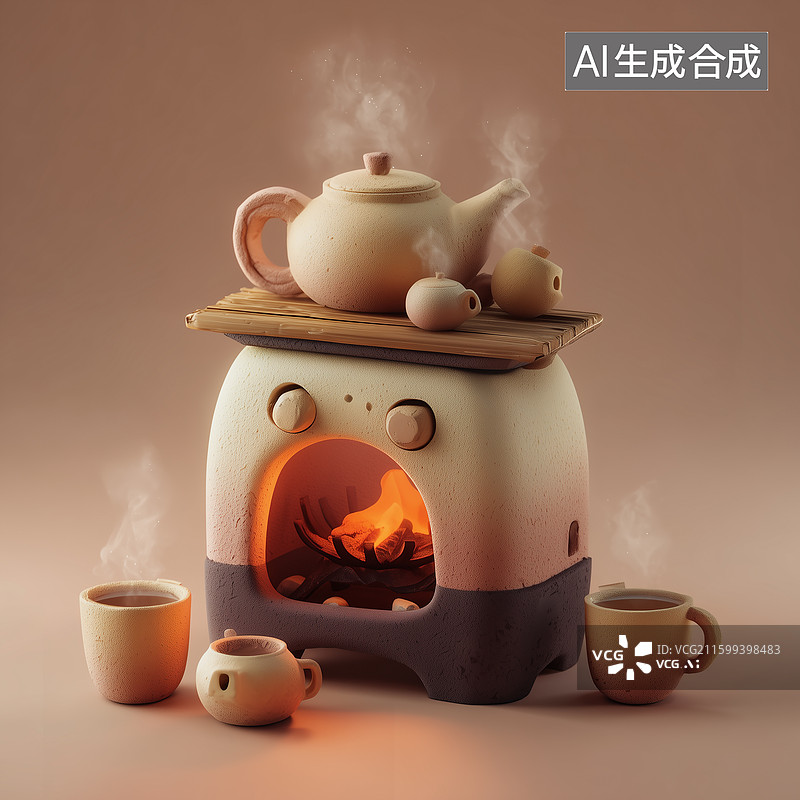 【AI数字艺术】茶炉蒸汽暖冬立体图片素材
