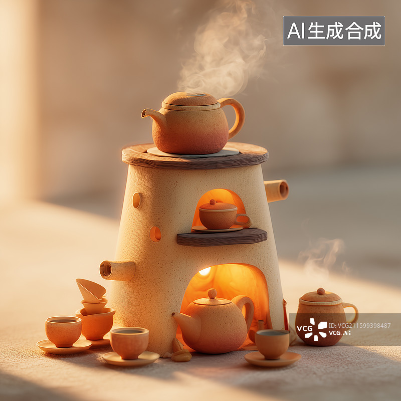 【AI数字艺术】茶炉蒸汽暖冬立体图片素材
