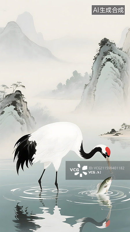 【AI数字艺术】AIGC：中国风水墨画宁静山水间优雅丹顶鹤捕鱼图片素材