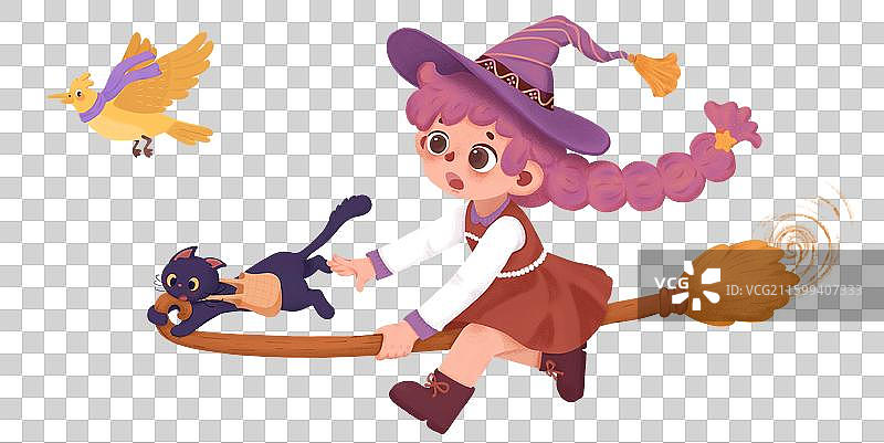 一个魔法小女巫带着猫迎风飞行的小场景插画图片素材