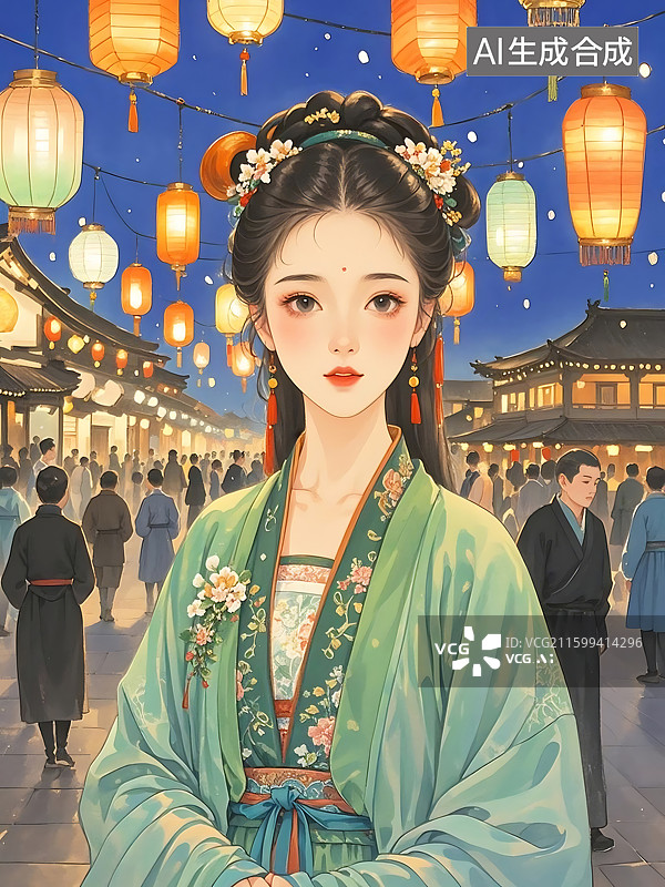 【AI数字艺术】古风女子夜市赏灯图片素材