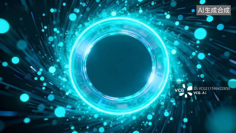 【AI数字艺术】蓝色动感光环与漂浮光点图片素材