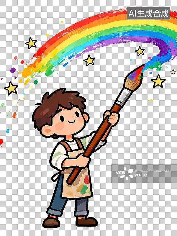 【AI数字艺术】可爱卡通插画一位下了的小孩扮演小小艺术画家手持画笔作画孩童对艺术家职业的梦想儿童节主题绘本幼儿园元素图片素材