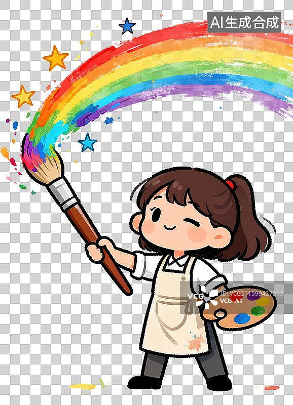 【AI数字艺术】可爱卡通插画一位下了的小孩扮演小小艺术画家手持画笔作画孩童对艺术家职业的梦想儿童节主题绘本幼儿园元素图片素材