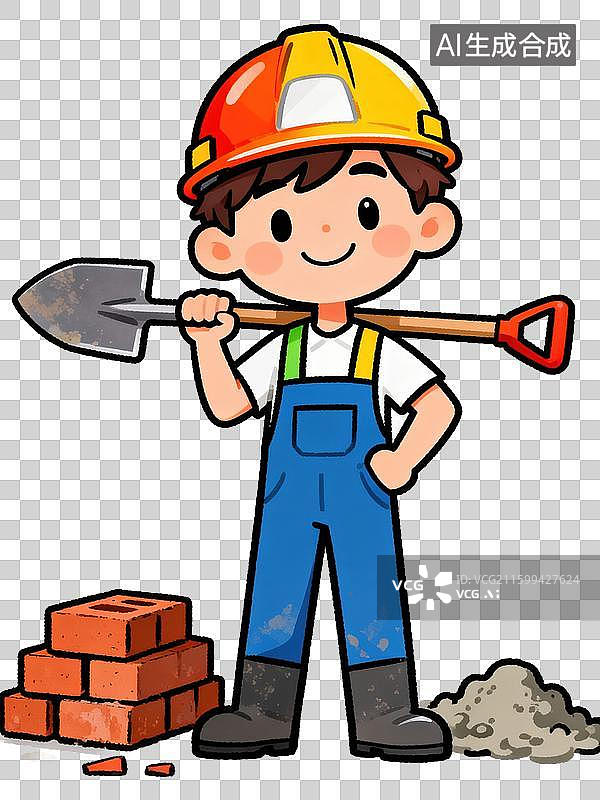 【AI数字艺术】可爱卡通插画一位扮演建筑工人的快乐小孩砖块戴着黄色安全帽孩童对建筑工人职业梦想儿童节主题绘本幼儿园图片素材