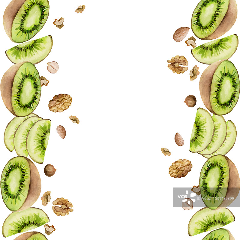 手绘水彩绿奇异果和坚果混合图片素材