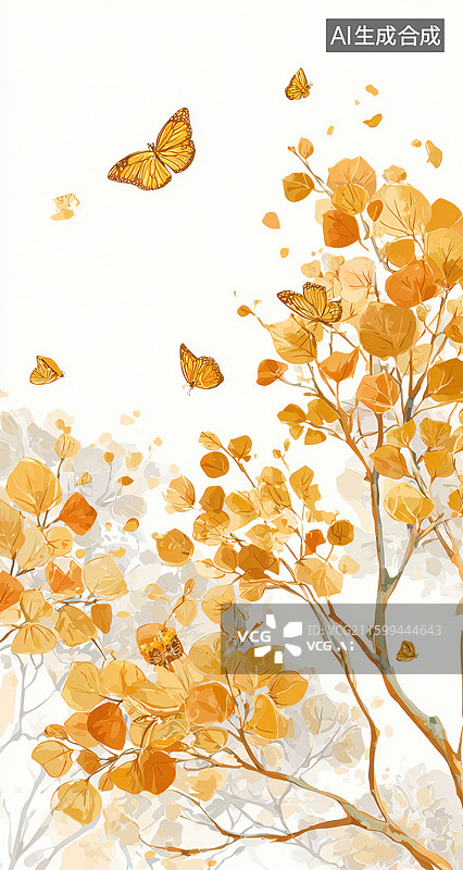 【AI数字艺术】秋日金黄树叶与飞舞蝴蝶图片素材