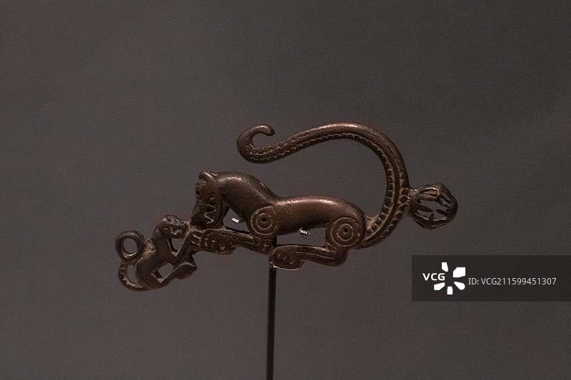 深圳南山博物馆鄂尔多斯青铜器展，战国虎形青铜挂钩图片素材