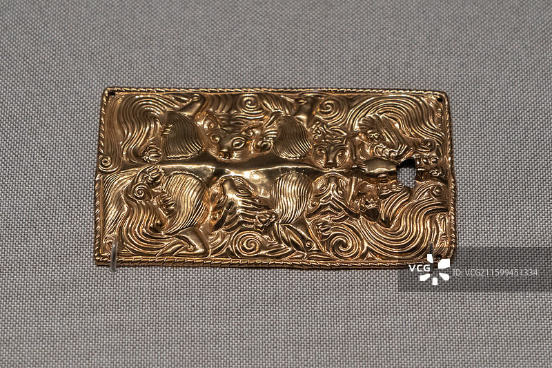 深圳南山博物馆鄂尔多斯青铜器展，战国虎牛咬斗纹金饰牌图片素材