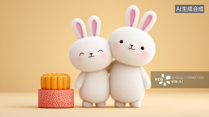 【AI数字艺术】两只毛绒兔子和月饼图片素材