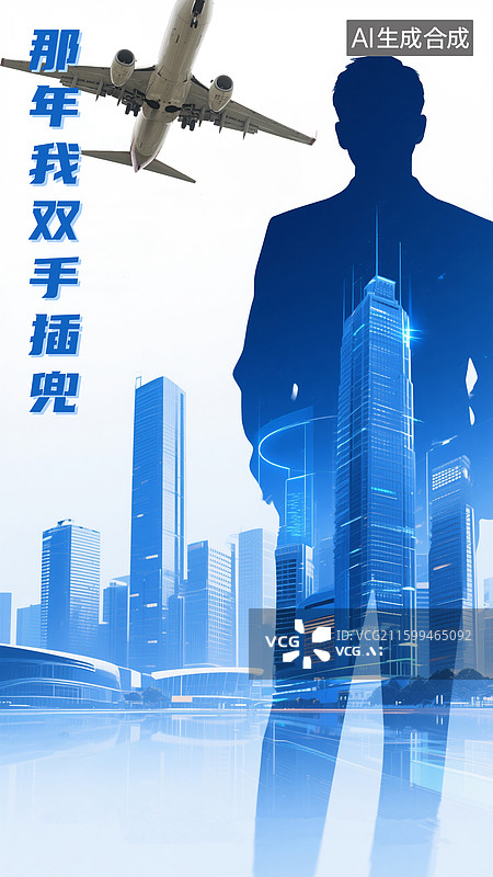【AI数字艺术】大型民航航班飞机飞过现代城市上空，成功商务人士剪影图片素材