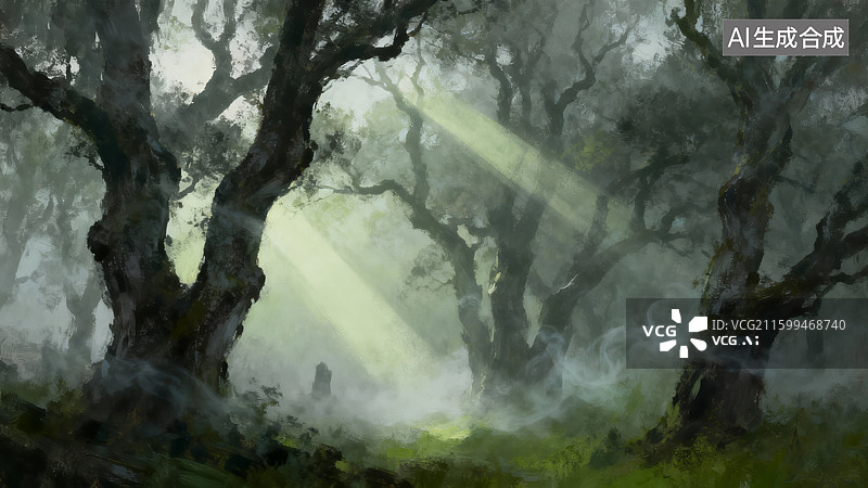 【AI数字艺术】迷雾森林中阳光透射的景象图片素材