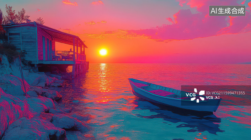 【AI数字艺术】海边橙色小屋码头船只度假场景图图片素材