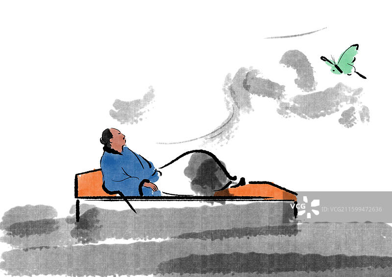 中国风新中式古风古典传统文化国学经典古人古代古时候极简潇洒禅意古意水墨风庄周庄子梦蝶蝴蝶插画图片素材