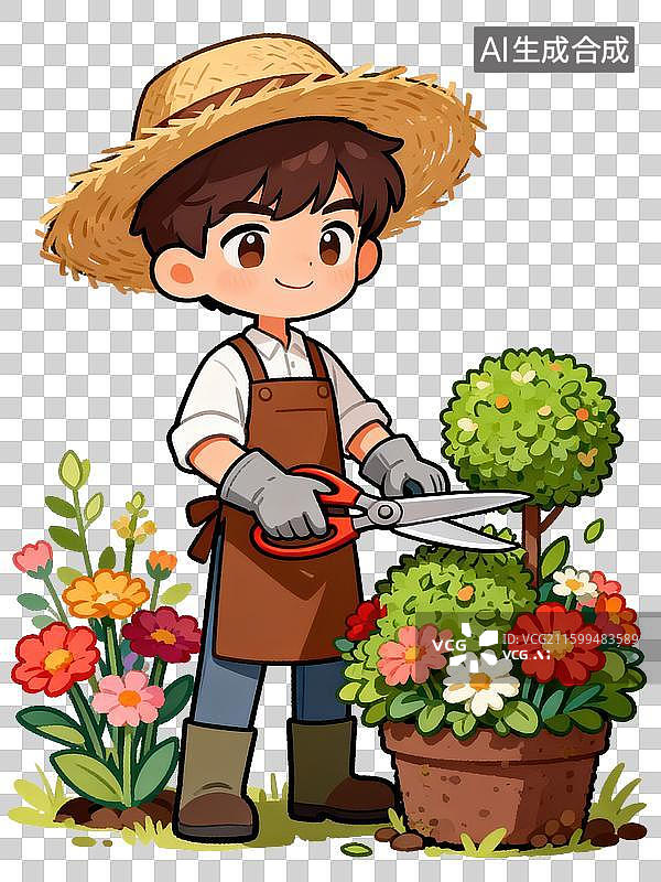 【AI数字艺术】快乐卡通透明小人物插画儿童节绘本海报幼儿园孩童对未来职业的梦想园艺师男孩图片素材