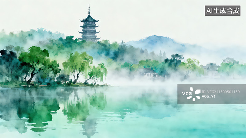 【AI数字艺术】古塔和湖边的景色水墨水彩插画背景图片素材