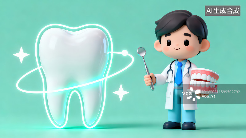 【AI数字艺术】绿色背景下卡通医生手拿牙齿模型和旁边一颗巨大发光牙齿模型，牙齿健康口腔护理概念图片素材
