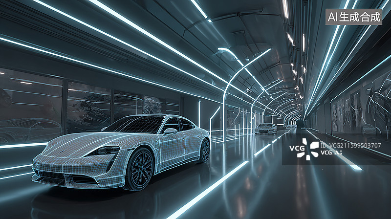 【AI数字艺术】未来感隧道中的概念汽车图片素材