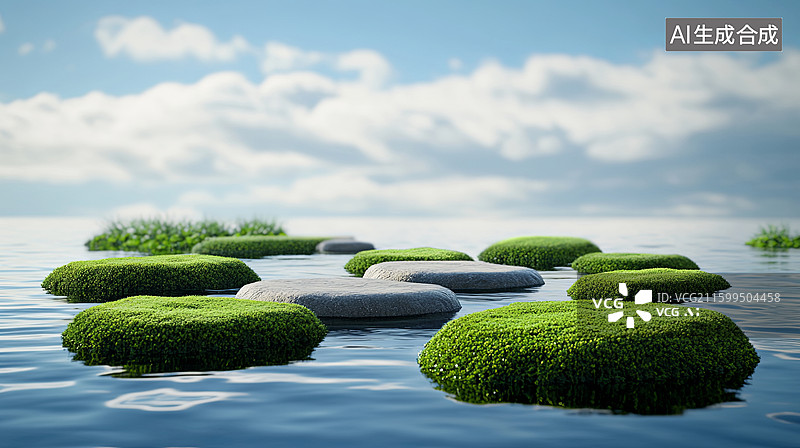 【AI数字艺术】水面上的青苔石径图片素材
