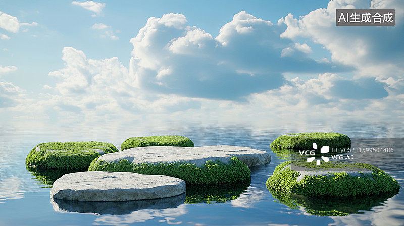 【AI数字艺术】浮石绿岛静谧水面图片素材