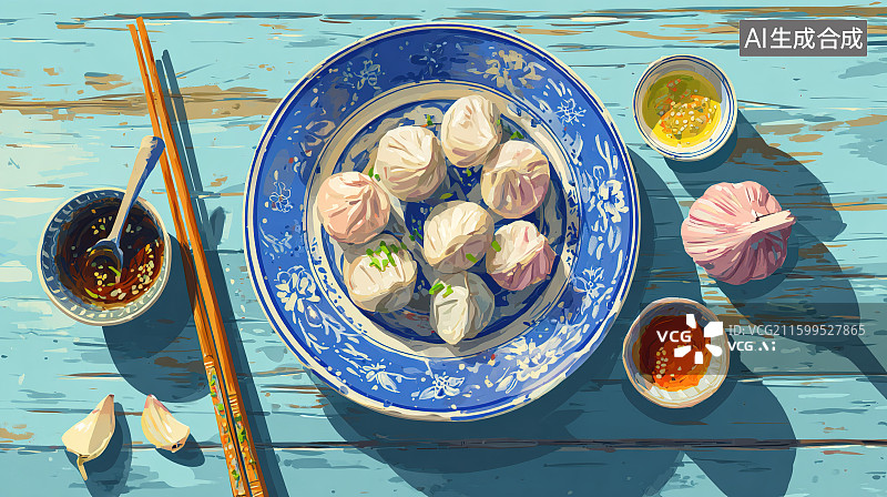 【AI数字艺术】蓝色中式汤包绘画艺术图片素材