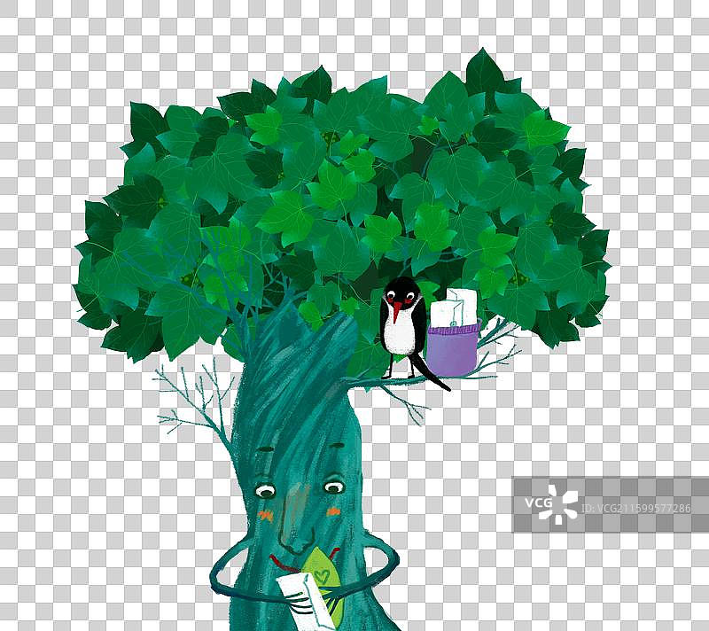 免抠元素 风景插画 燕子和正在看信的老树图片素材