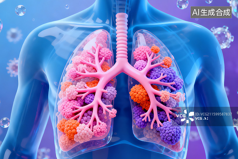 【AI数字艺术】肺部结构科普插画 人体肺部呼吸系统疾病 肺癌 肺结节 肺气肿图片素材