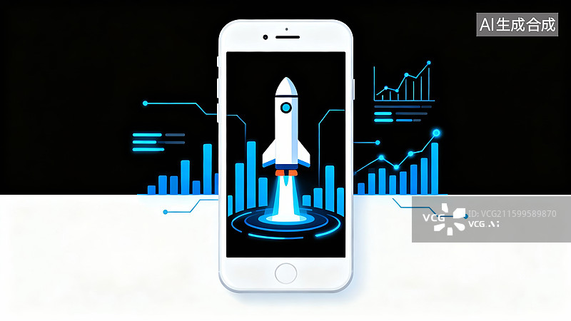 【AI数字艺术】手机火箭科技感数据启动场景图片素材