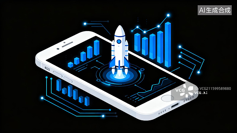 【AI数字艺术】手机火箭科技感数据启动场景图片素材