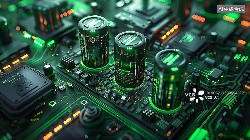 【AI数字艺术】电路板上的绿色芯片 科技感电路板芯片特写 半导体芯片AI作品，科幻芯片，电路板特写，高科技智能芯片图片素材