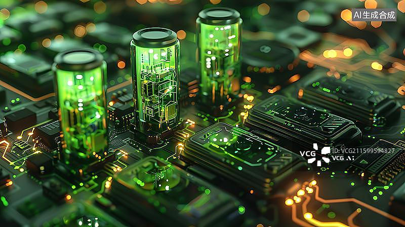 【AI数字艺术】电路板上的绿色芯片 科技感电路板芯片特写 半导体芯片AI作品，科幻芯片，电路板特写，高科技智能芯片图片素材