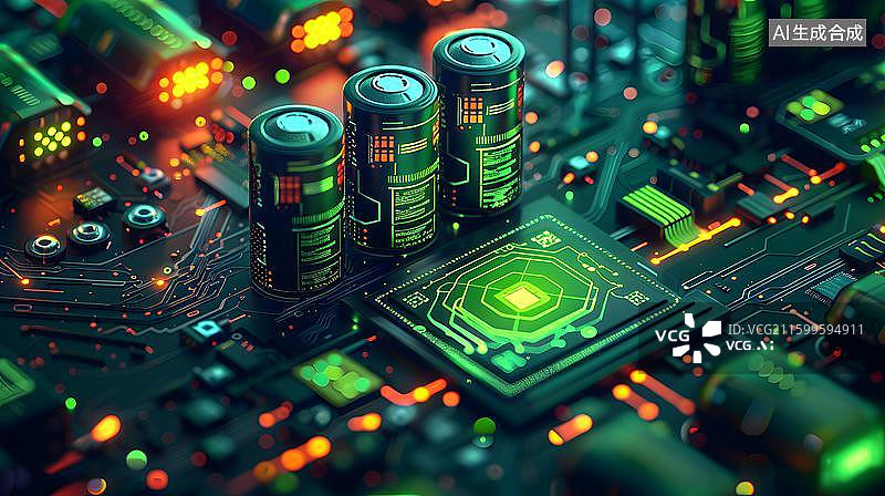 【AI数字艺术】电路板上的绿色芯片 科技感电路板芯片特写 半导体芯片AI作品，科幻芯片，电路板特写，高科技智能芯片图片素材