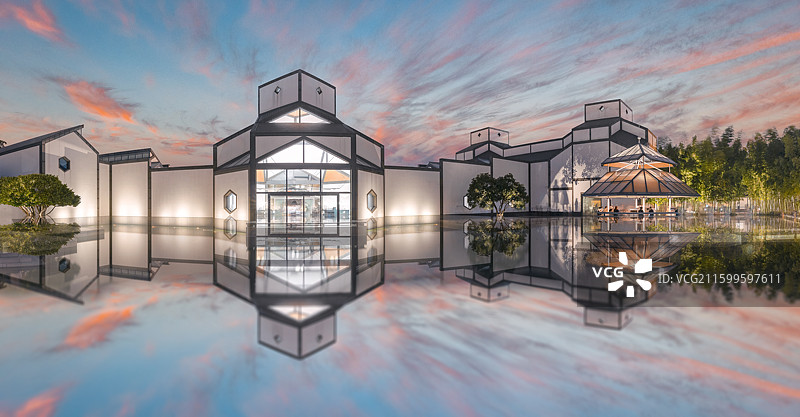 江苏省苏州市姑苏区现代艺术建筑博物馆晚霞图片素材