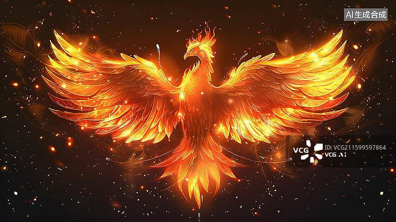 【AI数字艺术】浴火重生的凤凰、涅槃重生凤凰插画  山海神鸟朱雀振翅浴火  火焰中的神话神鸟图片素材